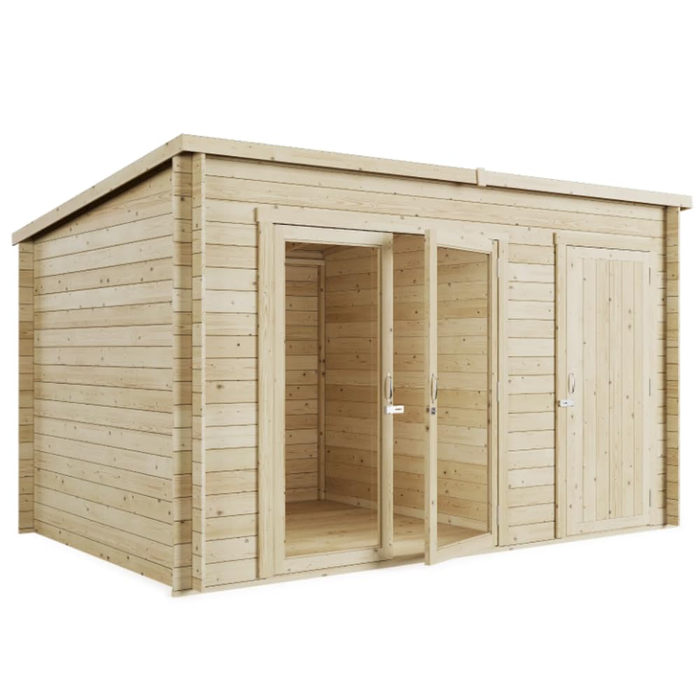 BillyOh Tianna 14x8 ft Log Cabin Summer House with Side Shed Store – Garden Room with Wide Double Doors, Storage Shed, Tongue and Groove Construction