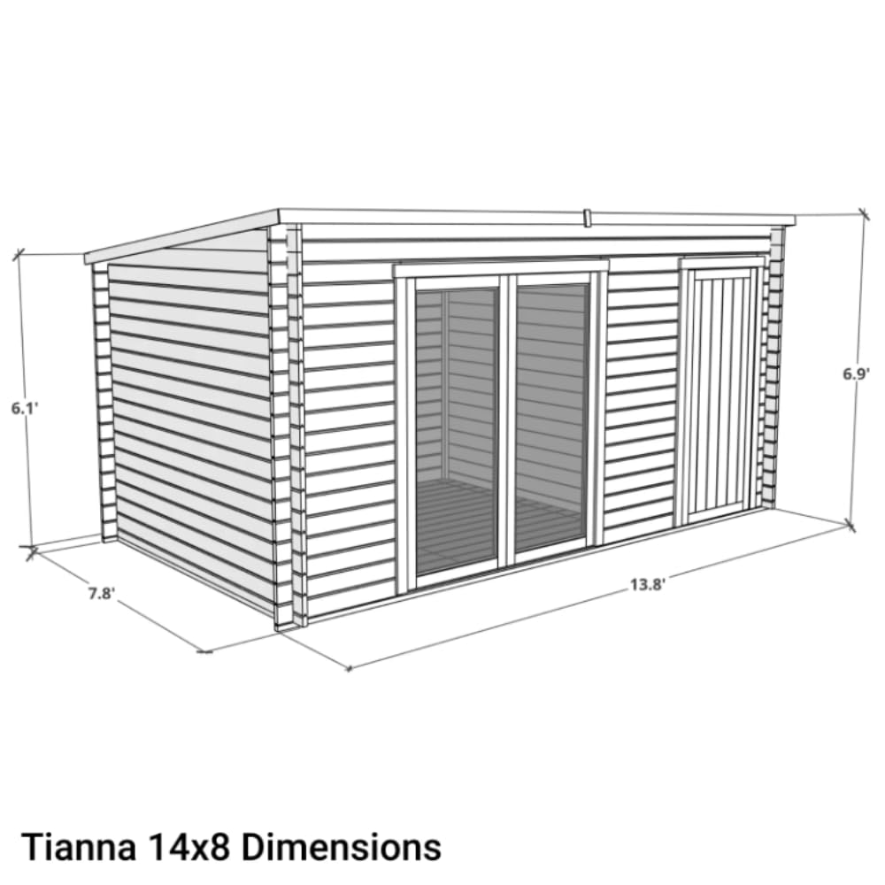 BillyOh Tianna 14x8 ft Log Cabin Summer House with Side Shed Store – Garden Room with Wide Double Doors, Storage Shed, Tongue and Groove Construction
