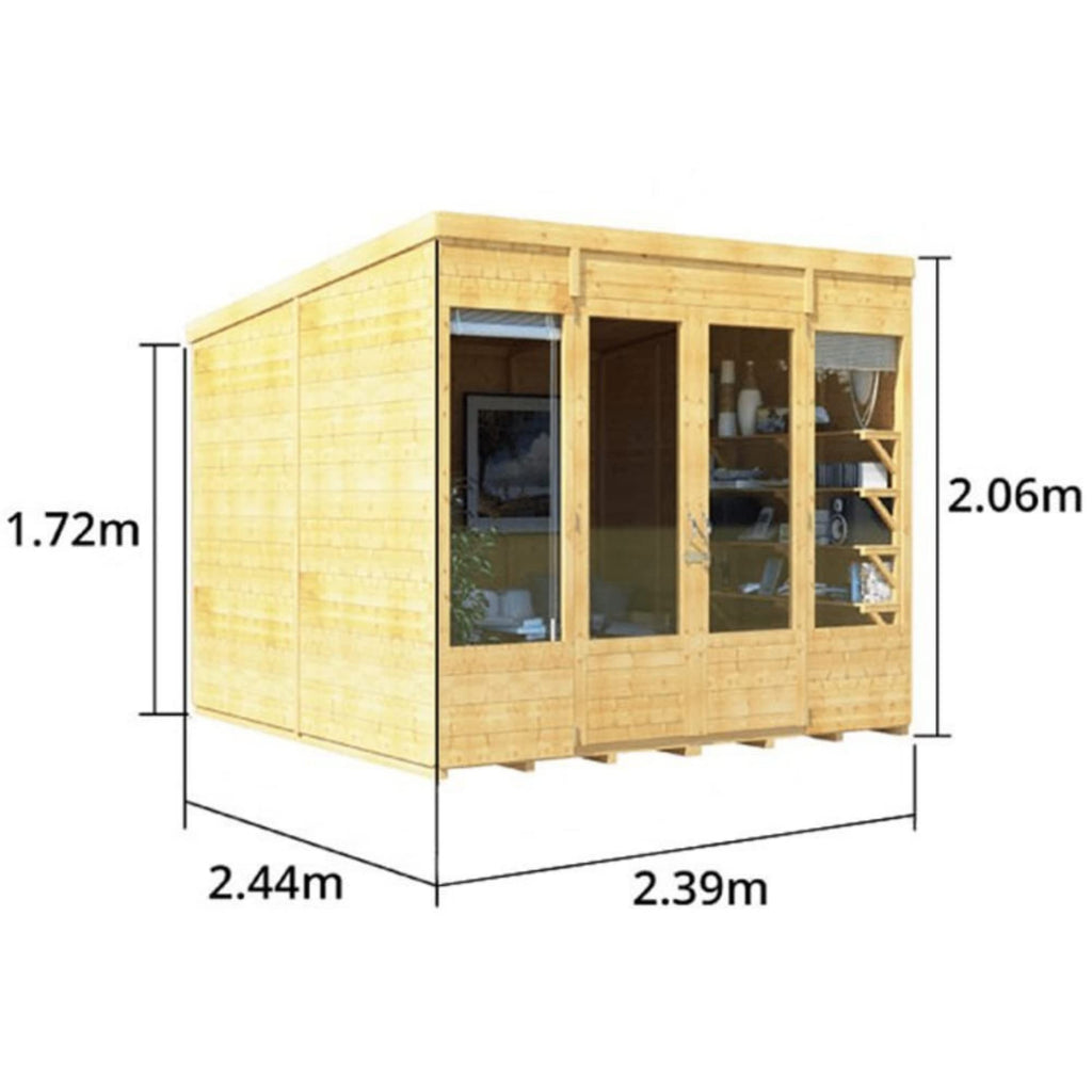 BillyOh Bella 8 x 8 Summer House Shed, Modern Pent Roof Log Cabin | Spray Treated - Garden Room with Wide Double Doors, Tongue and Groove