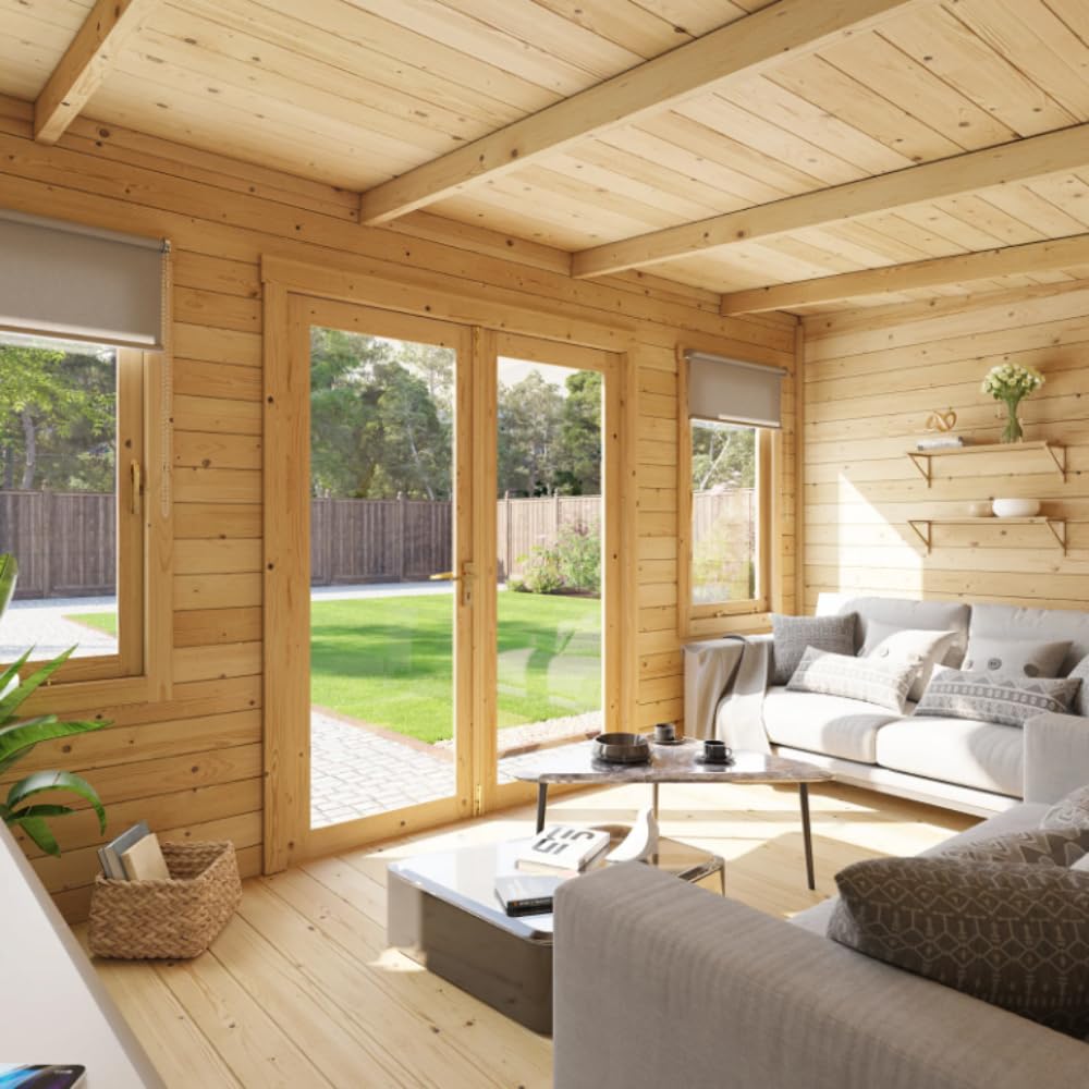 BillyOh Fraya 5m x 4m Log Cabin Summer House Shed with Standard Treatment Wood, Modern Pent Roof, Double Doors & Shatterproof Windows – Garden Room