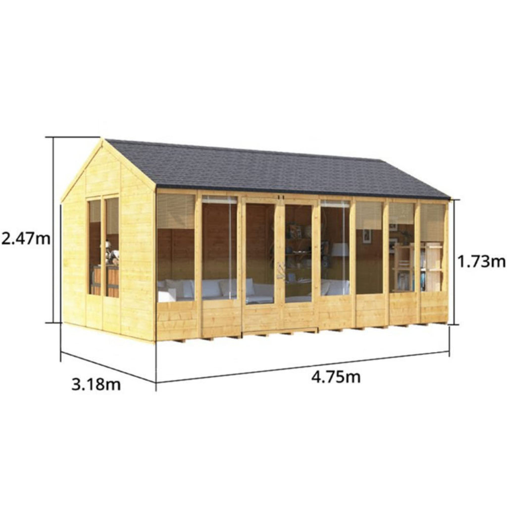 BillyOh Petra 16x10 Reverse Apex Summer House Shed, Log Cabin | Wooden Garden Room with Wide Double Doors, Tear Resistant Felt, Tongue and Groove