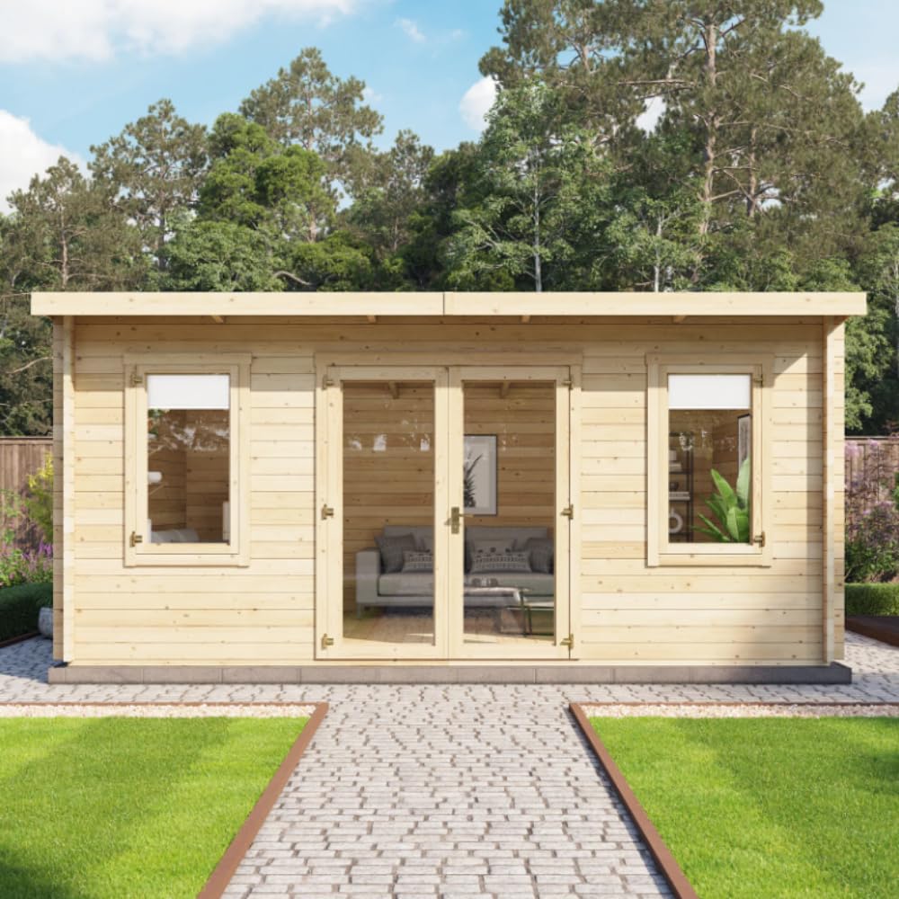 BillyOh Fraya 5m x 4m Log Cabin Summer House Shed with Standard Treatment Wood, Modern Pent Roof, Double Doors & Shatterproof Windows – Garden Room