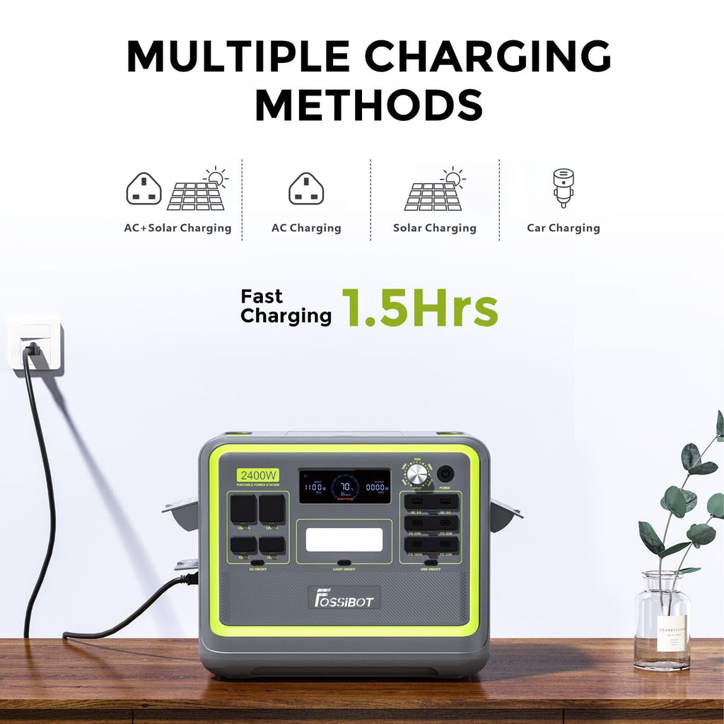 FOSSiBOT F2400 Portable Power Station Update Lightweight, silent, and efficient UPS with 2048Wh LiFePO4,3 x 240V AC Outputs 2400W,100W USB-C Output