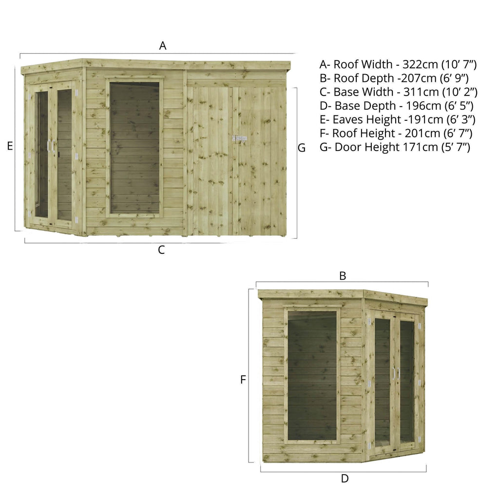 WALTONS | 11x7, 12x8, 13x9 Wooden Corner Summerhouse with Side Shed | Shiplap Tongue & Groove | Garden Room | Flat Roof | Double Door | Outdoor Sun