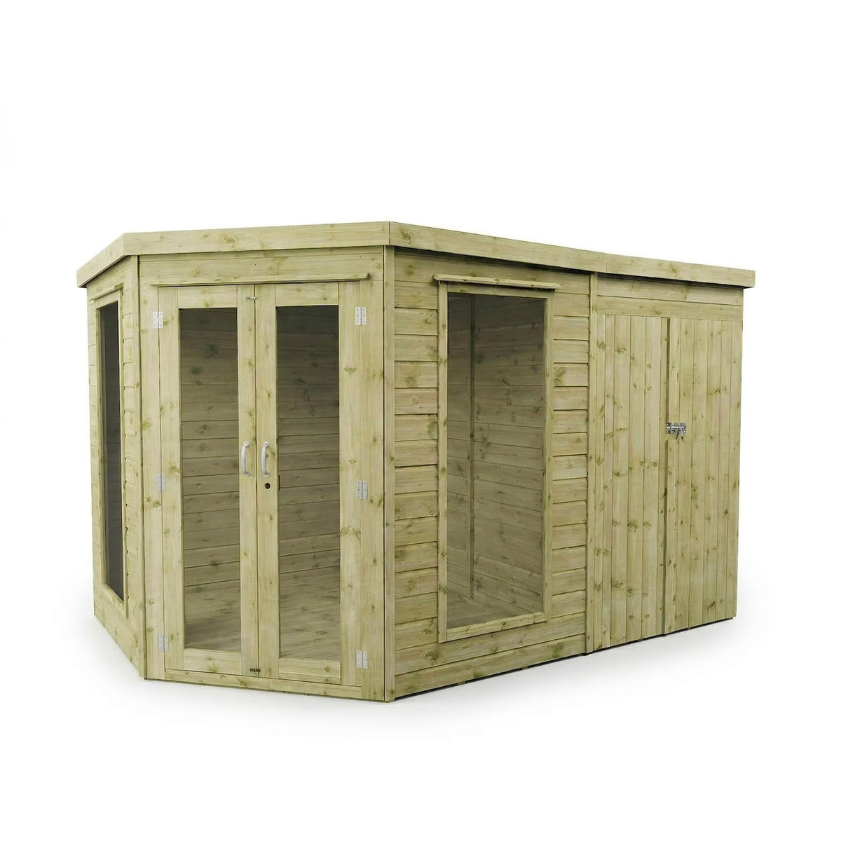 WALTONS | 11x7, 12x8, 13x9 Wooden Corner Summerhouse with Side Shed | Shiplap Tongue & Groove | Garden Room | Flat Roof | Double Door | Outdoor Sun