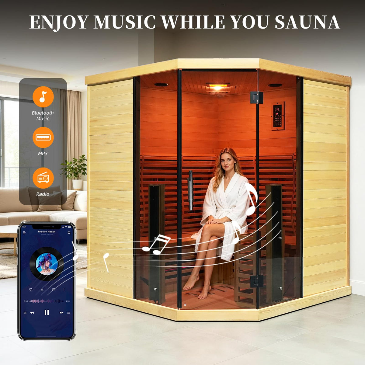 Corner Hybrid Sauna 3 Person, Indoor Infrared Steam Sauna, Canadian Hemlock
