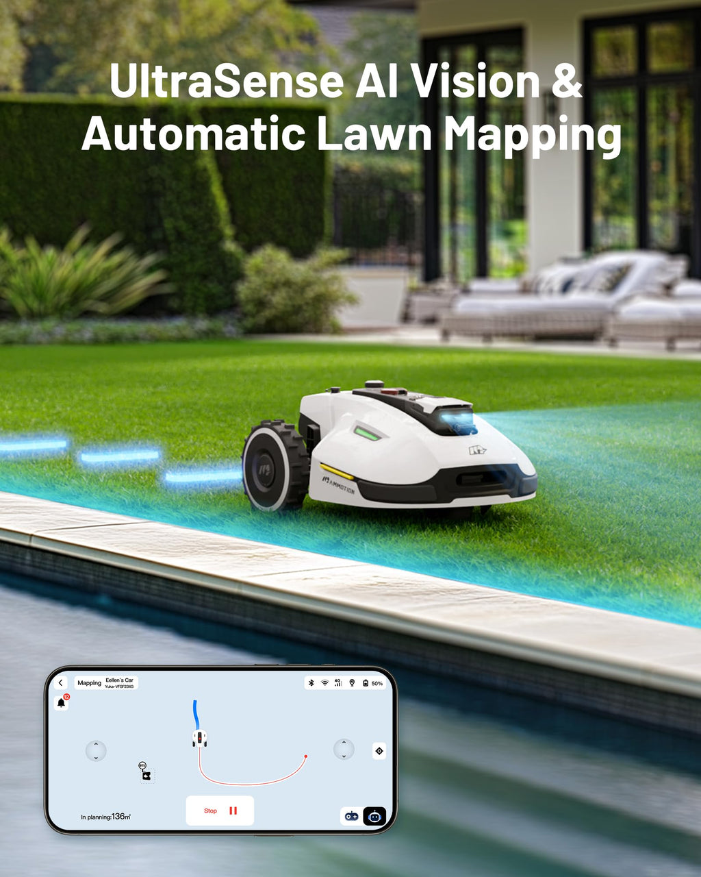 MAMMOTION YUKA 3000 Robot Lawn Mower, Perimeter Wire free,Recommended 3000 m, Max.4000 m,Equipped with Ultrasense Al vision, Handles 45% slopes