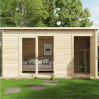 BillyOh Tianna 14x8 ft Log Cabin Summer House with Side Shed Store – Garden Room with Wide Double Doors, Storage Shed, Tongue and Groove Construction