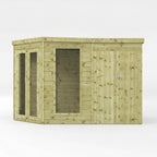 WALTONS | 11x7, 12x8, 13x9 Wooden Corner Summerhouse with Side Shed | Shiplap Tongue & Groove | Garden Room | Flat Roof | Double Door | Outdoor Sun