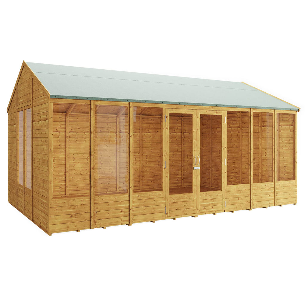 BillyOh Petra 16x10 Reverse Apex Summer House Shed, Log Cabin | Wooden Garden Room with Wide Double Doors, Tear Resistant Felt, Tongue and Groove
