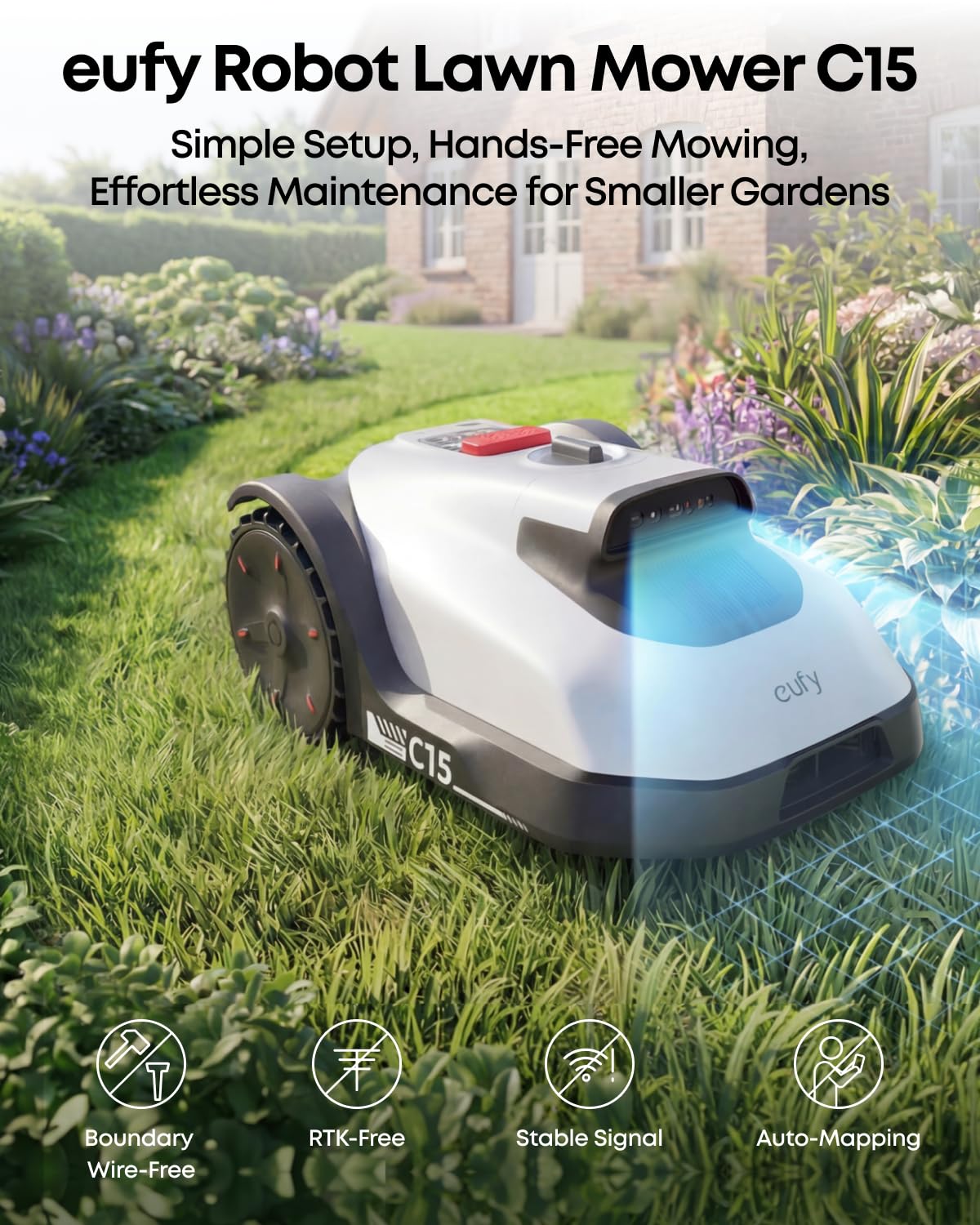 eufy Robot Lawn Mower, C15 without Boundary with Garage, 500 m2 Coverage