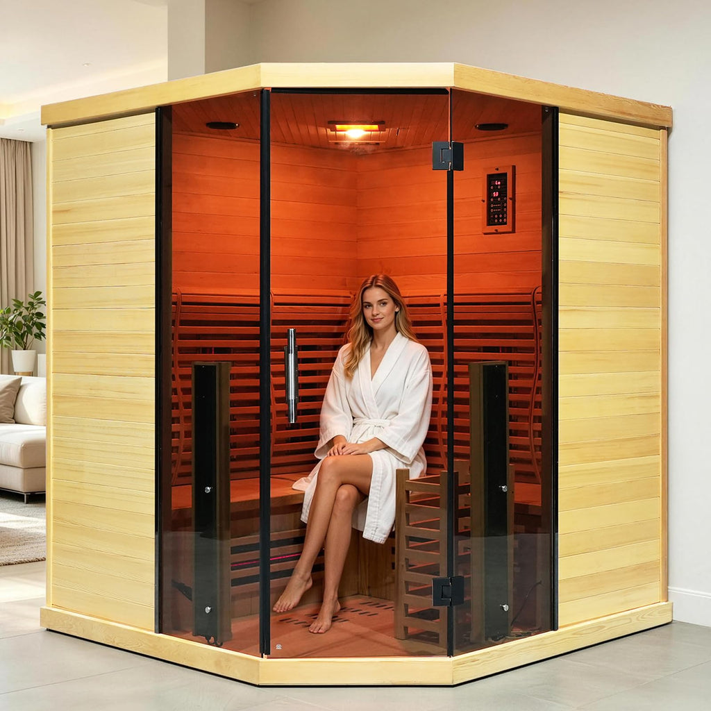 Corner Hybrid Sauna 3 Person, Indoor Infrared Steam Sauna, Canadian Hemlock