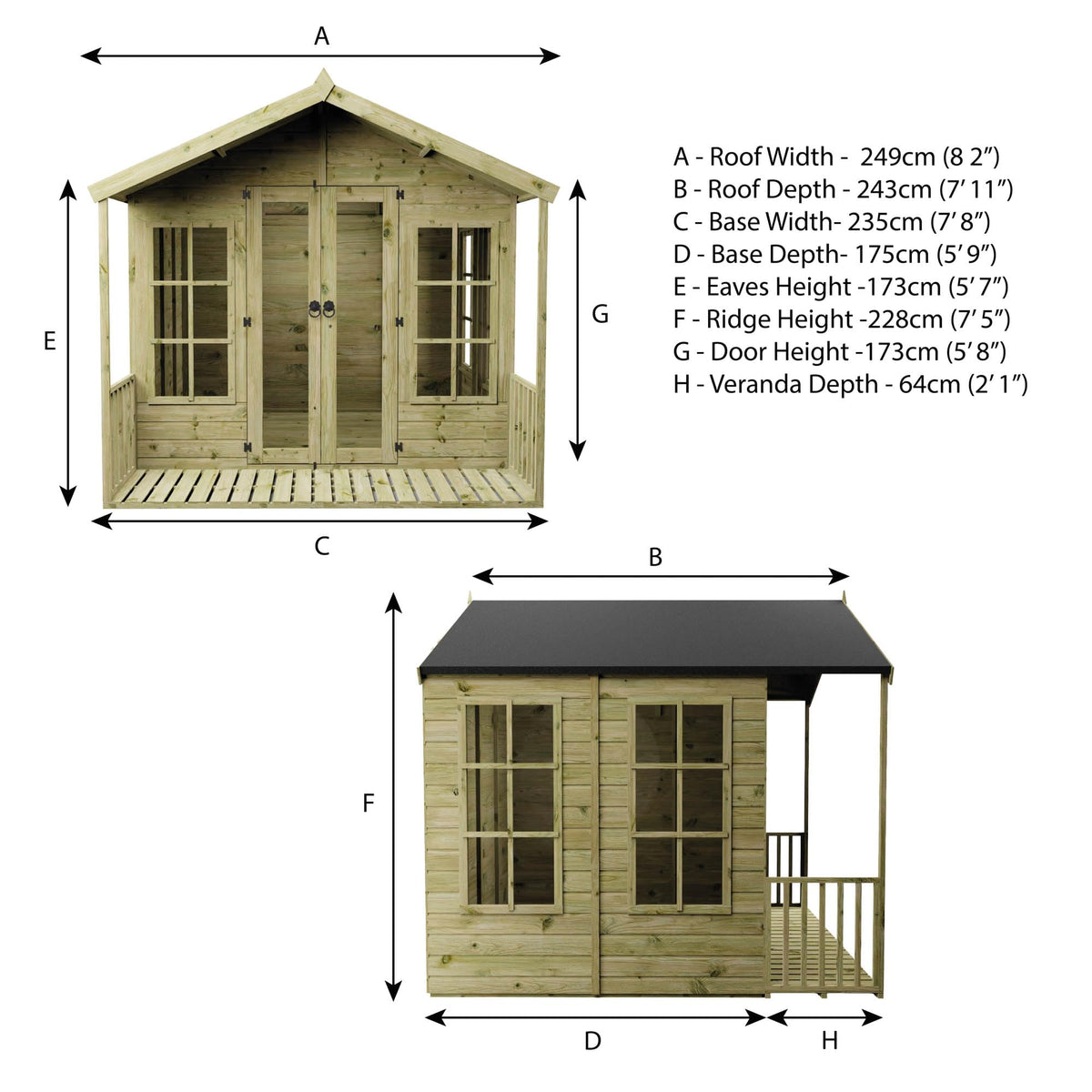 WALTONS | 8 x 8 Wessex Summerhouse with Veranda | Apex Roof | 12mm Shiplap Tongue and Groove | Wooden Garden Room Summerhouse | 10 Year Anti Rot
