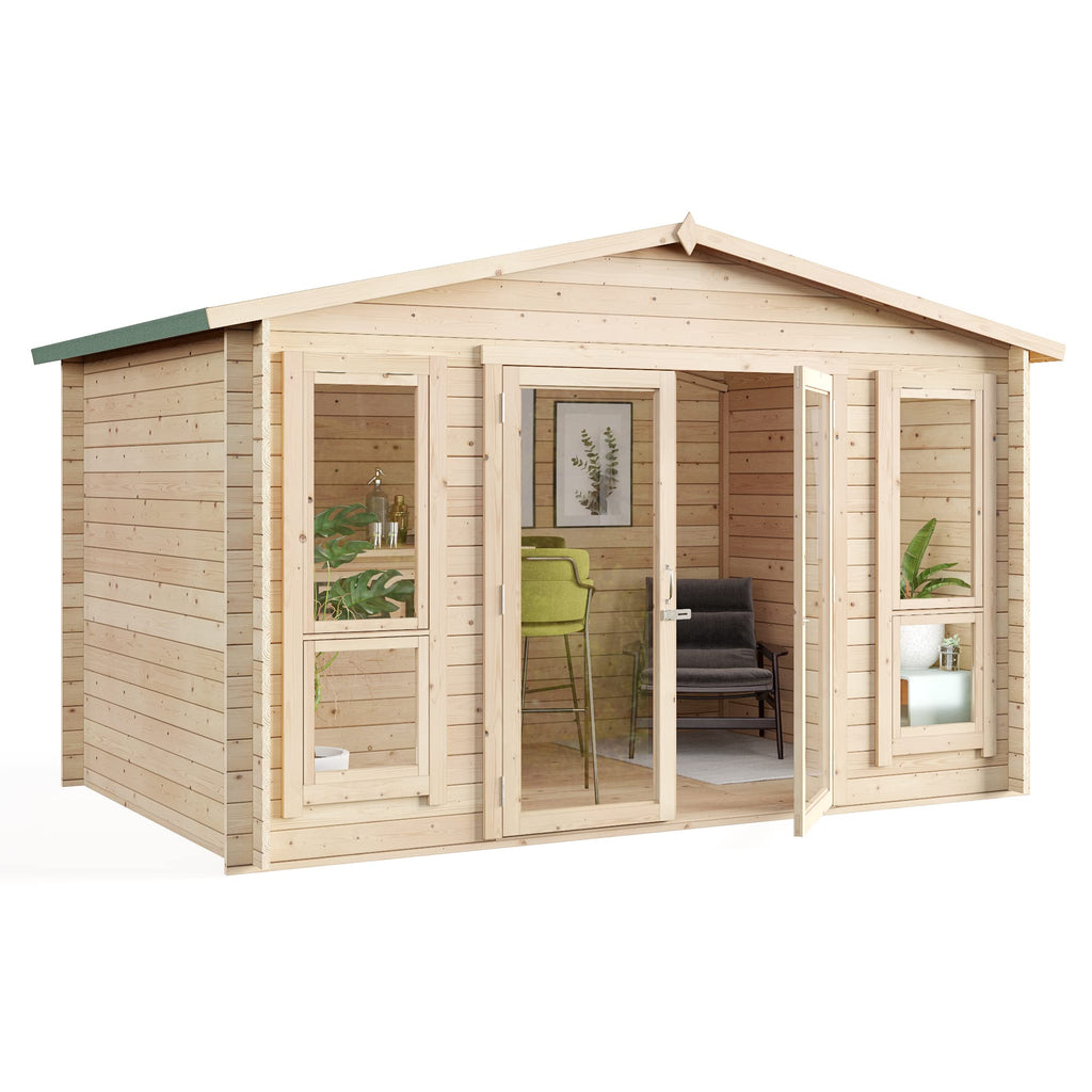 BillyOh Sasha 12 x 8 Log Cabin Summer House Shed – Wooden Garden Room with Apex Roof, Double Doors, Floor, Roof & Felt | Outdoor Office, Home Studio