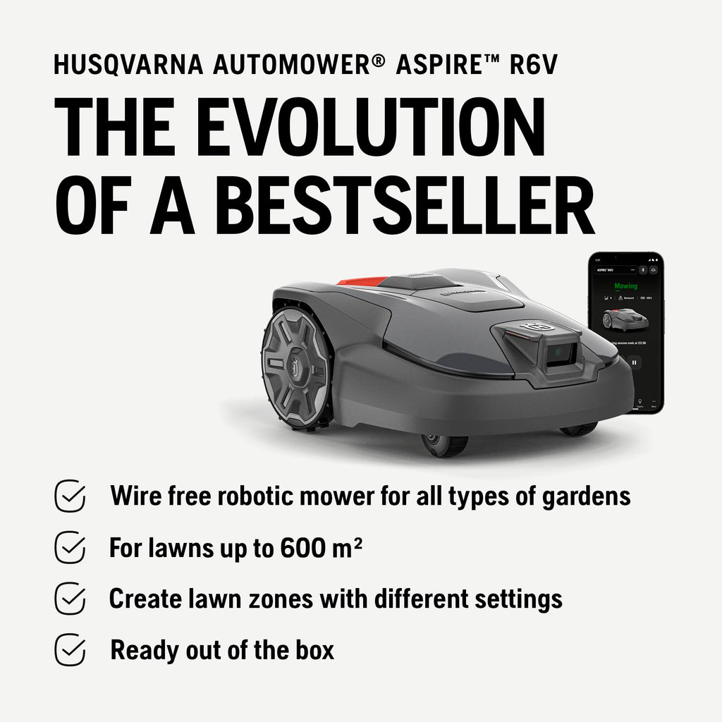 HUSQVARNA Automower® Aspire R6V – Wire-Free Robotic Lawn Mower, AI Vision Object Detection, GPS Navigation, Wi-Fi App Control, Systematic Mowing