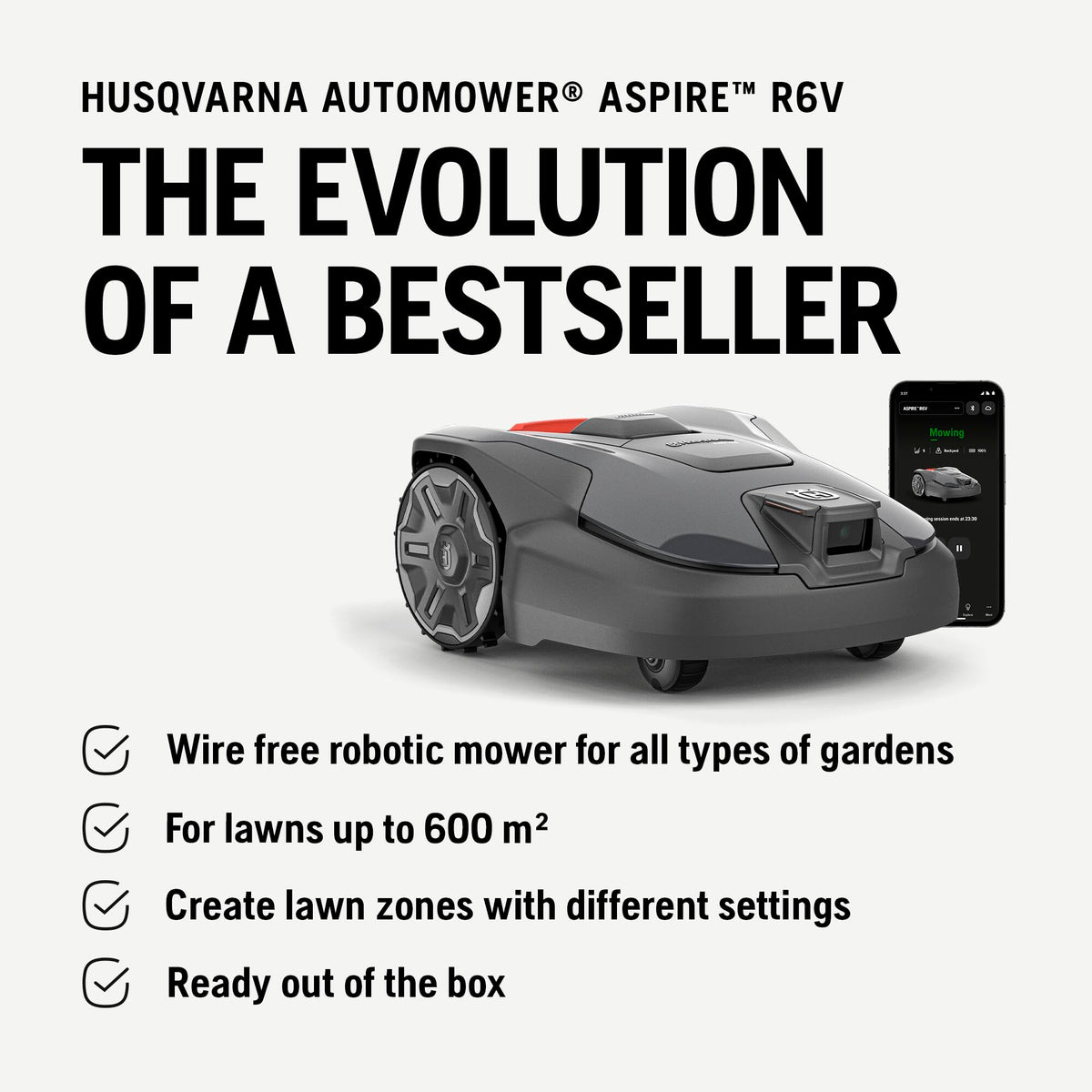 HUSQVARNA Automower® Aspire R6V – Wire-Free Robotic Lawn Mower, AI Vision Object Detection, GPS Navigation, Wi-Fi App Control, Systematic Mowing