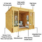 BillyOh Bella 8 x 8 Summer House Shed, Modern Pent Roof Log Cabin | Spray Treated - Garden Room with Wide Double Doors, Tongue and Groove