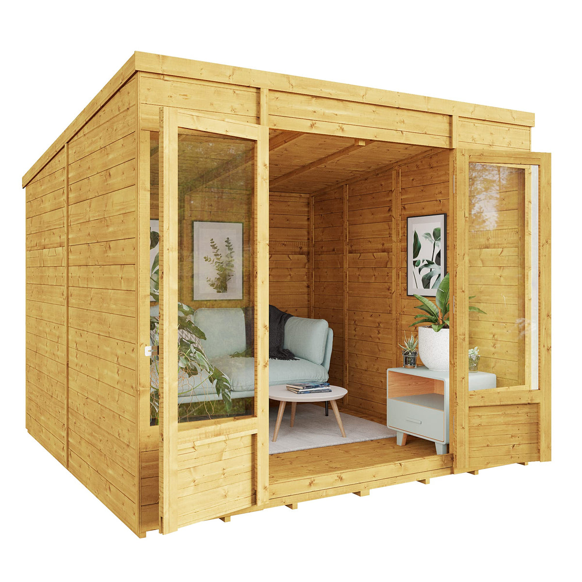 BillyOh Bella 8 x 8 Summer House Shed, Modern Pent Roof Log Cabin | Spray Treated - Garden Room with Wide Double Doors, Tongue and Groove
