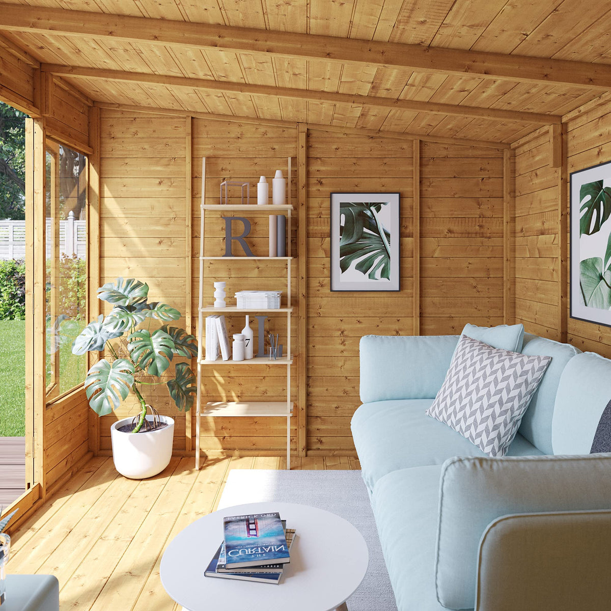 BillyOh Bella 8 x 8 Summer House Shed, Modern Pent Roof Log Cabin | Spray Treated - Garden Room with Wide Double Doors, Tongue and Groove