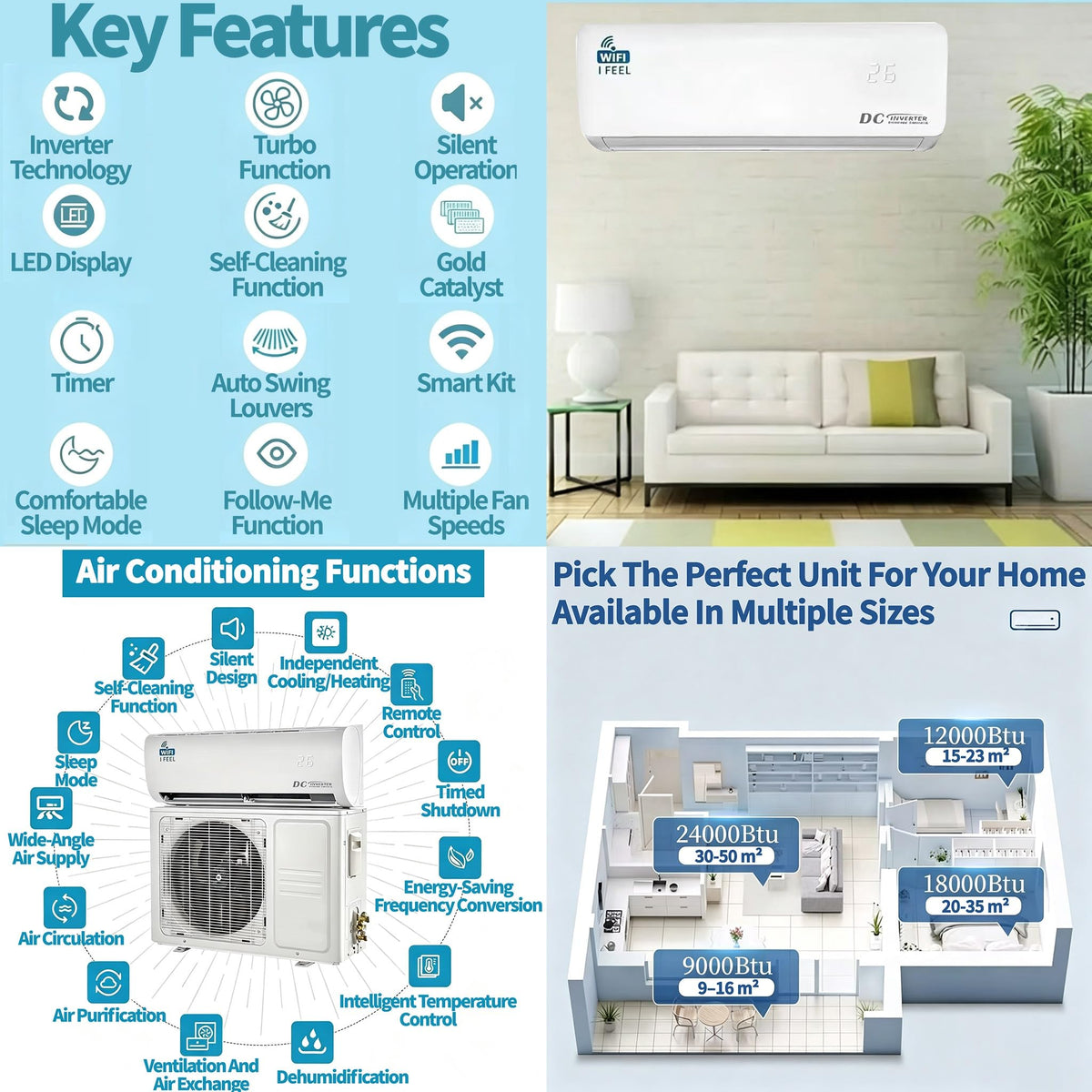 18000 BTU Air Conditioner, Wall Split, Wi Fi, 5 In 1, Cooler, Heater, Dehumidifier, Air Purifier, Heat Pump, Remote Control, 5.3 kW, A++, App