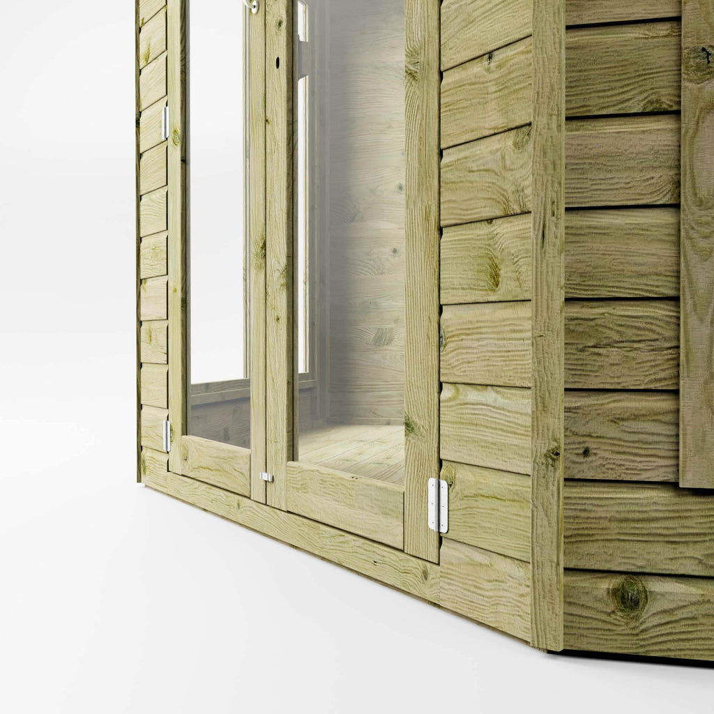 WALTONS | 11x7, 12x8, 13x9 Wooden Corner Summerhouse with Side Shed | Shiplap Tongue & Groove | Garden Room | Flat Roof | Double Door | Outdoor Sun