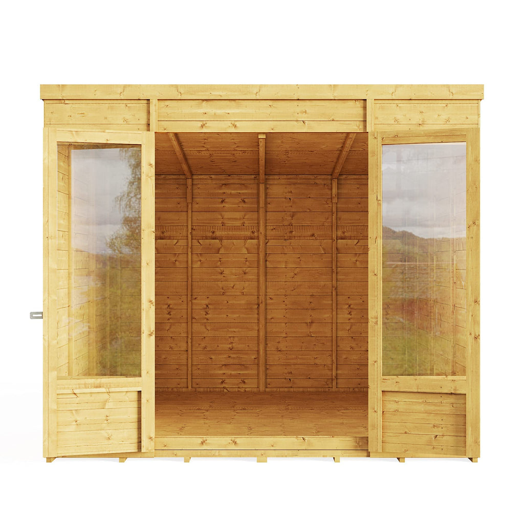 BillyOh Bella 8 x 8 Summer House Shed, Modern Pent Roof Log Cabin | Spray Treated - Garden Room with Wide Double Doors, Tongue and Groove