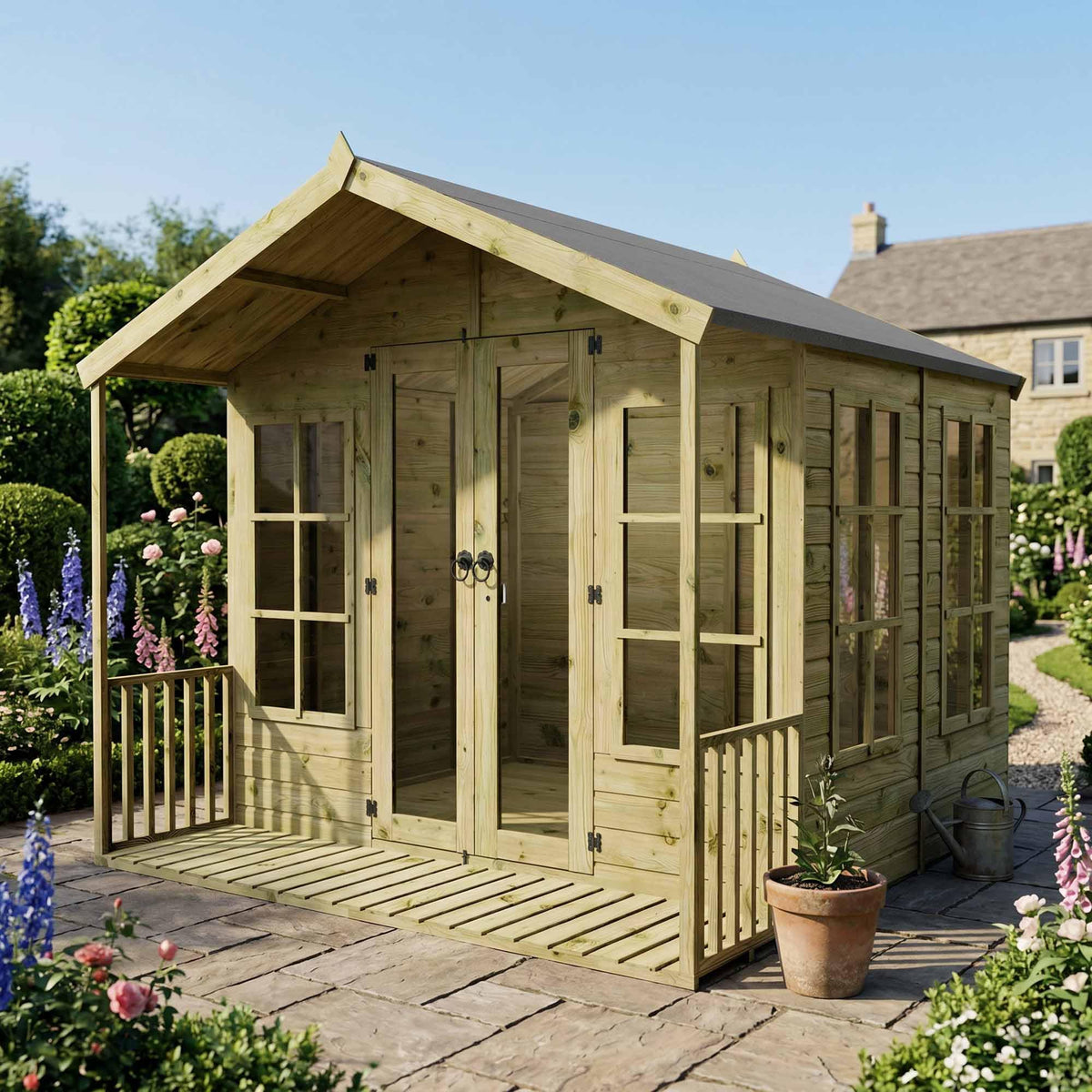 WALTONS | 8 x 8 Wessex Summerhouse with Veranda | Apex Roof | 12mm Shiplap Tongue and Groove | Wooden Garden Room Summerhouse | 10 Year Anti Rot