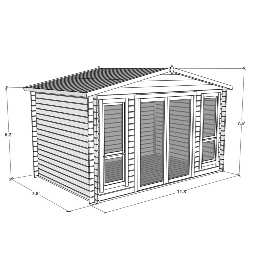 BillyOh Sasha 12 x 8 Log Cabin Summer House Shed – Wooden Garden Room with Apex Roof, Double Doors, Floor, Roof & Felt | Outdoor Office, Home Studio
