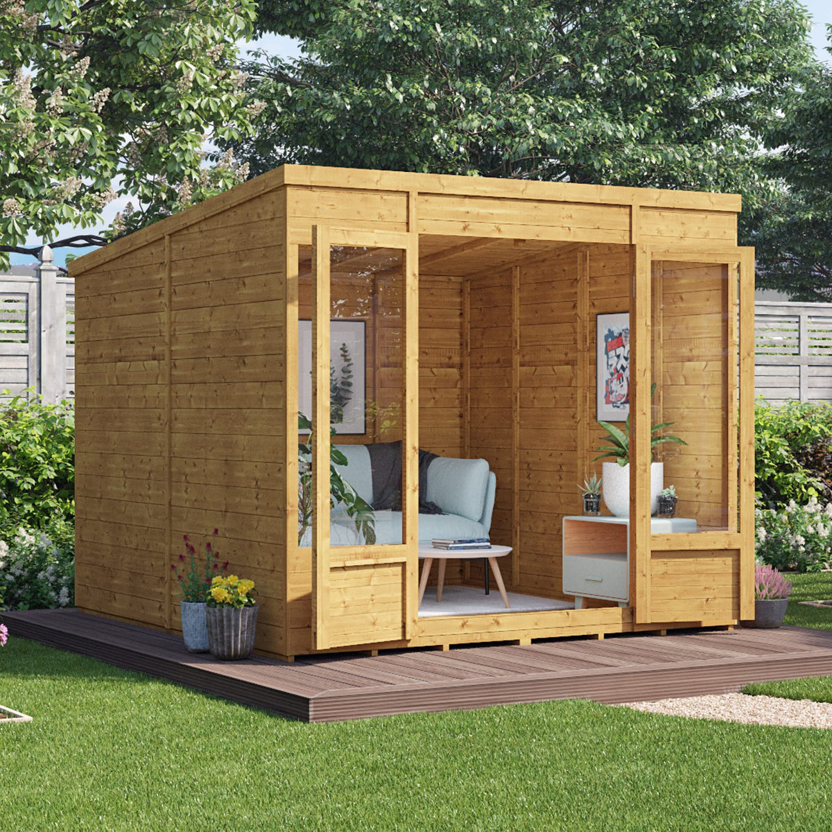 BillyOh Bella 8 x 8 Summer House Shed, Modern Pent Roof Log Cabin | Spray Treated - Garden Room with Wide Double Doors, Tongue and Groove