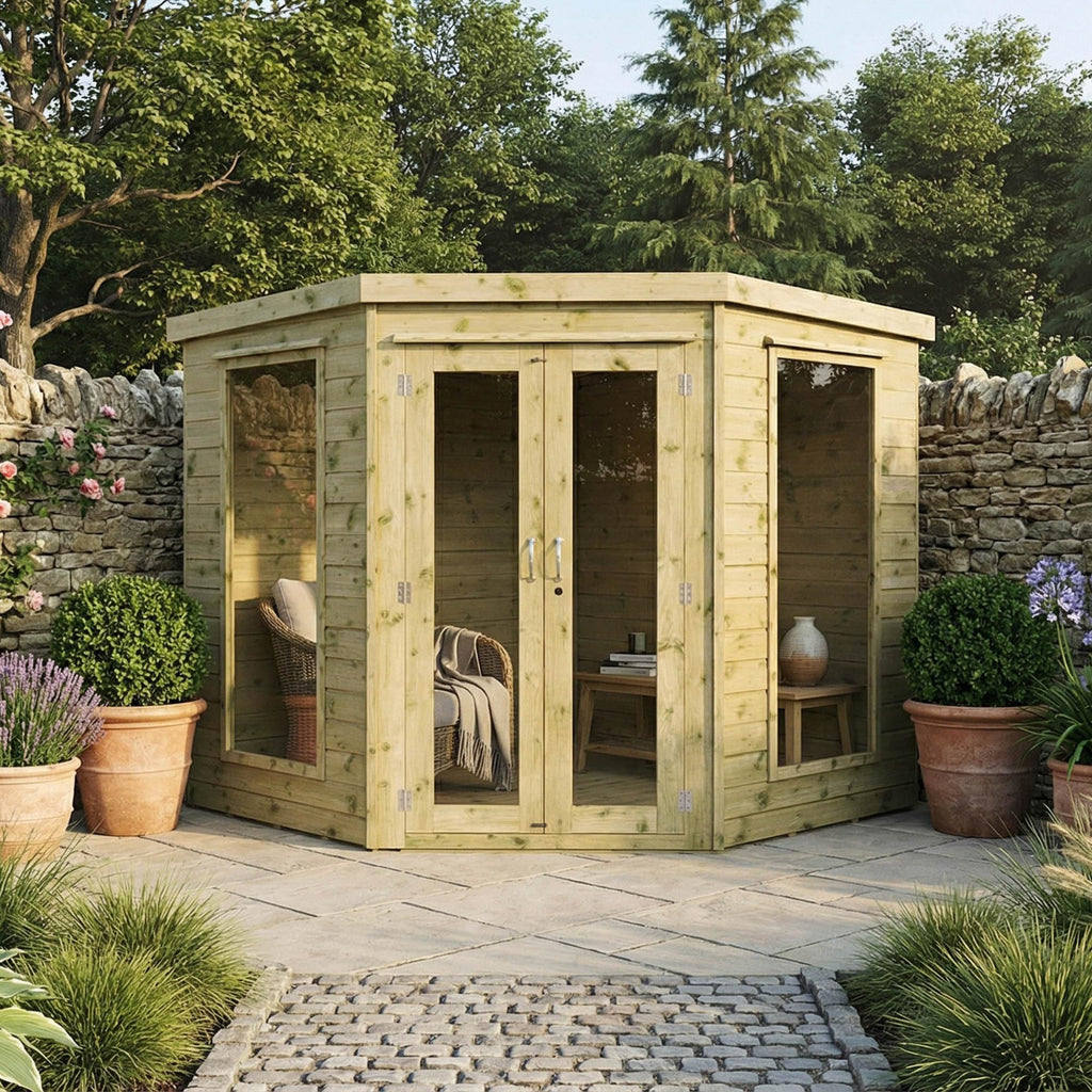 WALTONS | Wooden Corner Summerhouse | Shiplap Tongue & Groove | Garden Room | Flat Roof | Double Door | Outdoor Sun Room | 7ft 8ft 9ft | 10 Year Anti