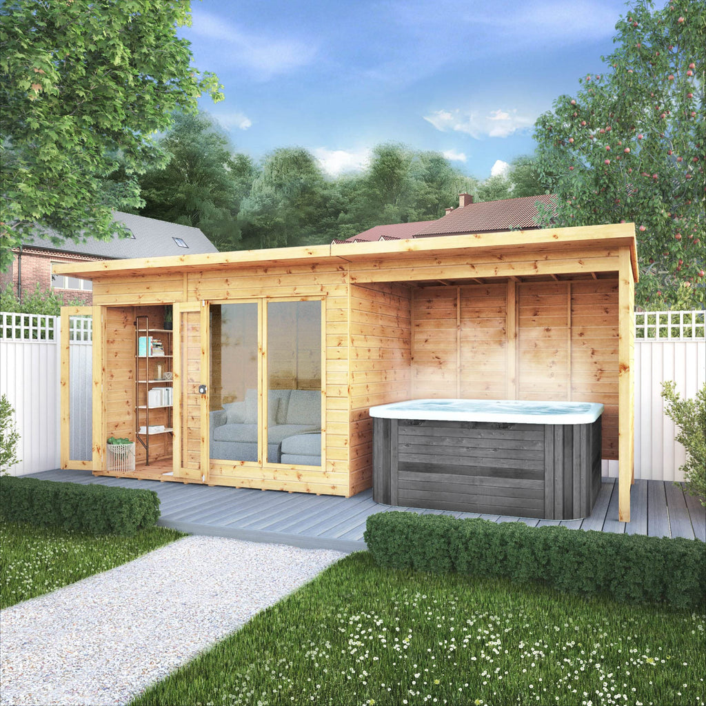 WALTONS 18x6 Maine Summerhouse | Pent Roof | Shiplap Tongue and Groove | Wooden Garden Room Log Cabin | Garden Storage Shed Summer House + Patio Area