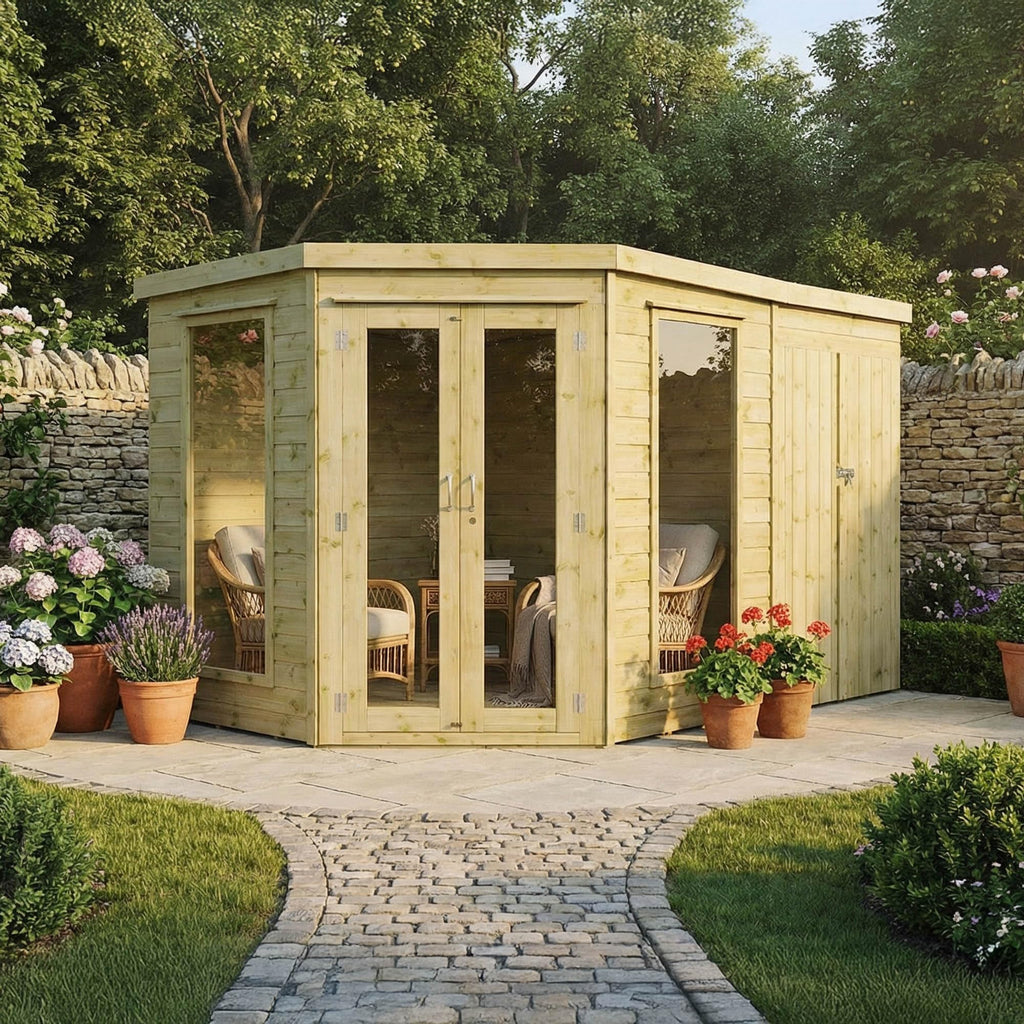 WALTONS | 11x7, 12x8, 13x9 Wooden Corner Summerhouse with Side Shed | Shiplap Tongue & Groove | Garden Room | Flat Roof | Double Door | Outdoor Sun