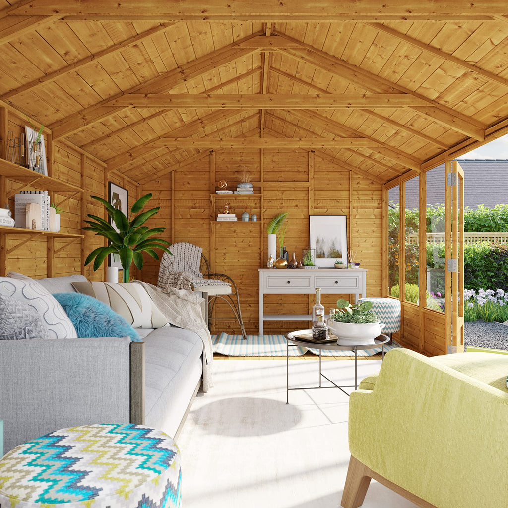BillyOh Petra 16x10 Reverse Apex Summer House Shed, Log Cabin | Wooden Garden Room with Wide Double Doors, Tear Resistant Felt, Tongue and Groove