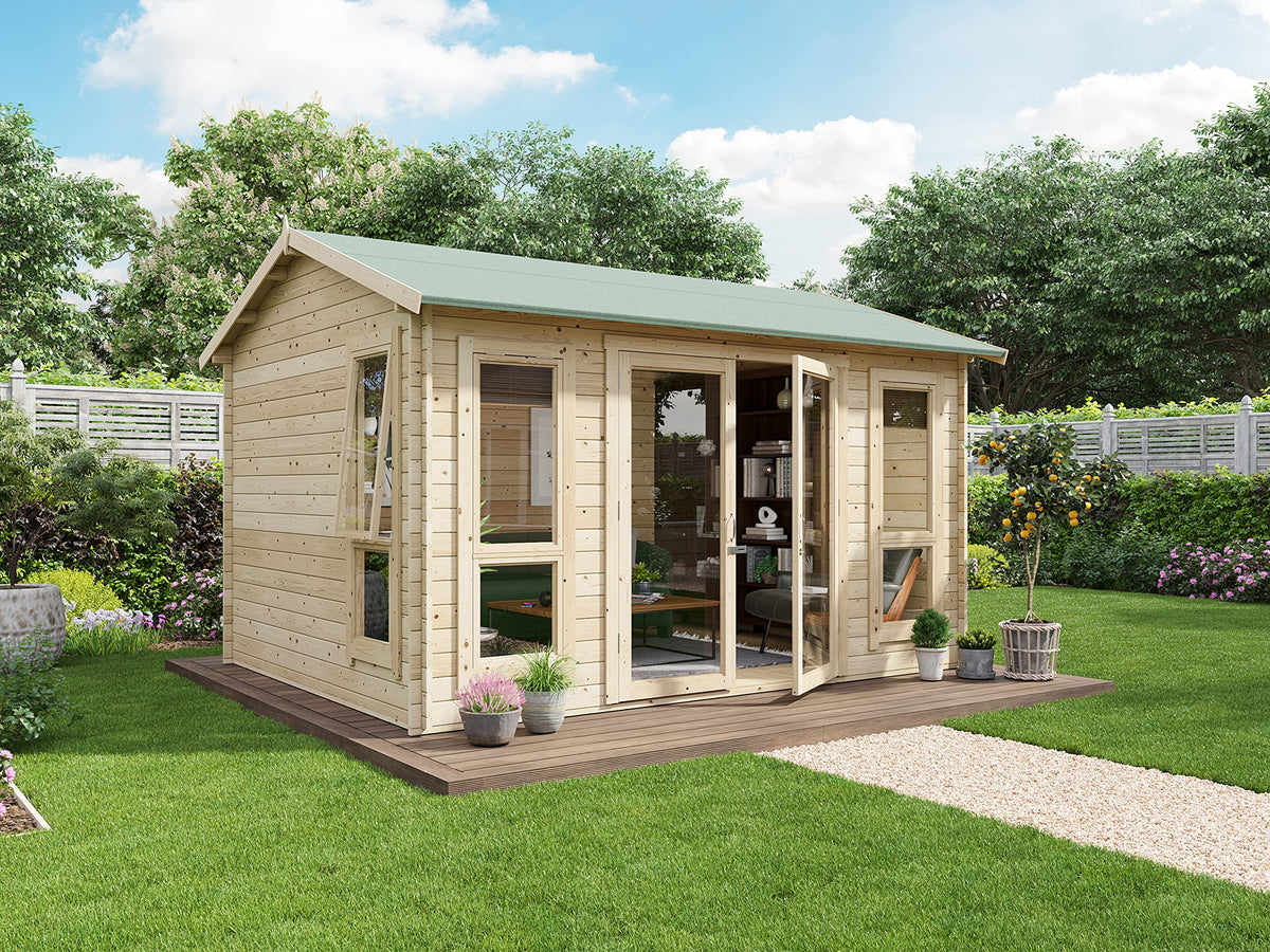 BillyOh Darcy 12x10 Log Cabin Summer House Shed with 19mm Wall Logs Thickness, Modern Apex Roof, Pressure Treated Wood & Shatterproof Windows