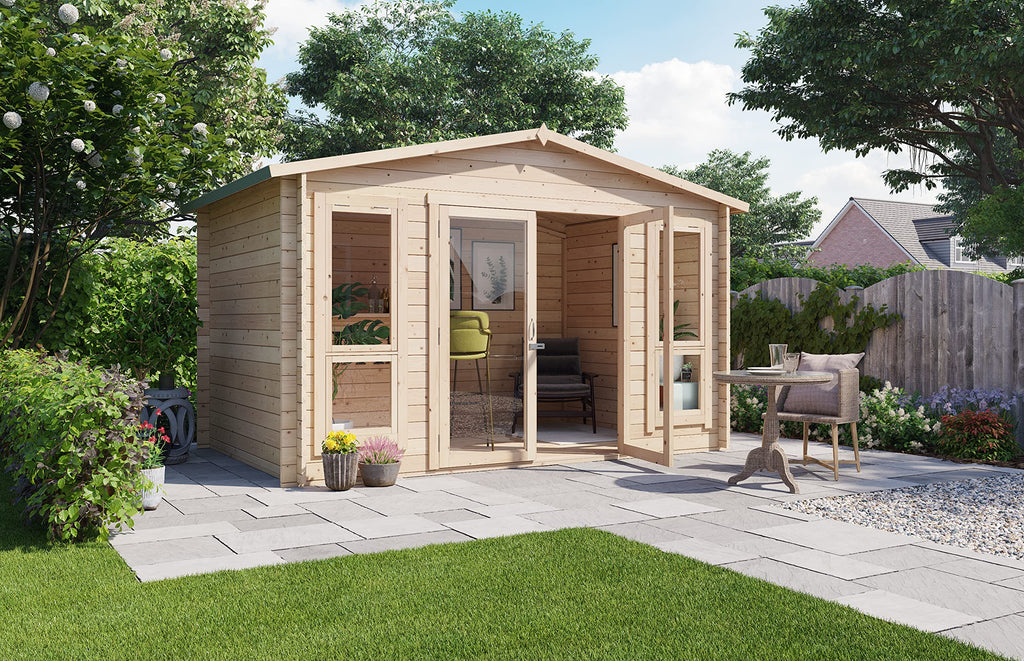 BillyOh Sasha 12 x 8 Log Cabin Summer House Shed – Wooden Garden Room with Apex Roof, Double Doors, Floor, Roof & Felt | Outdoor Office, Home Studio