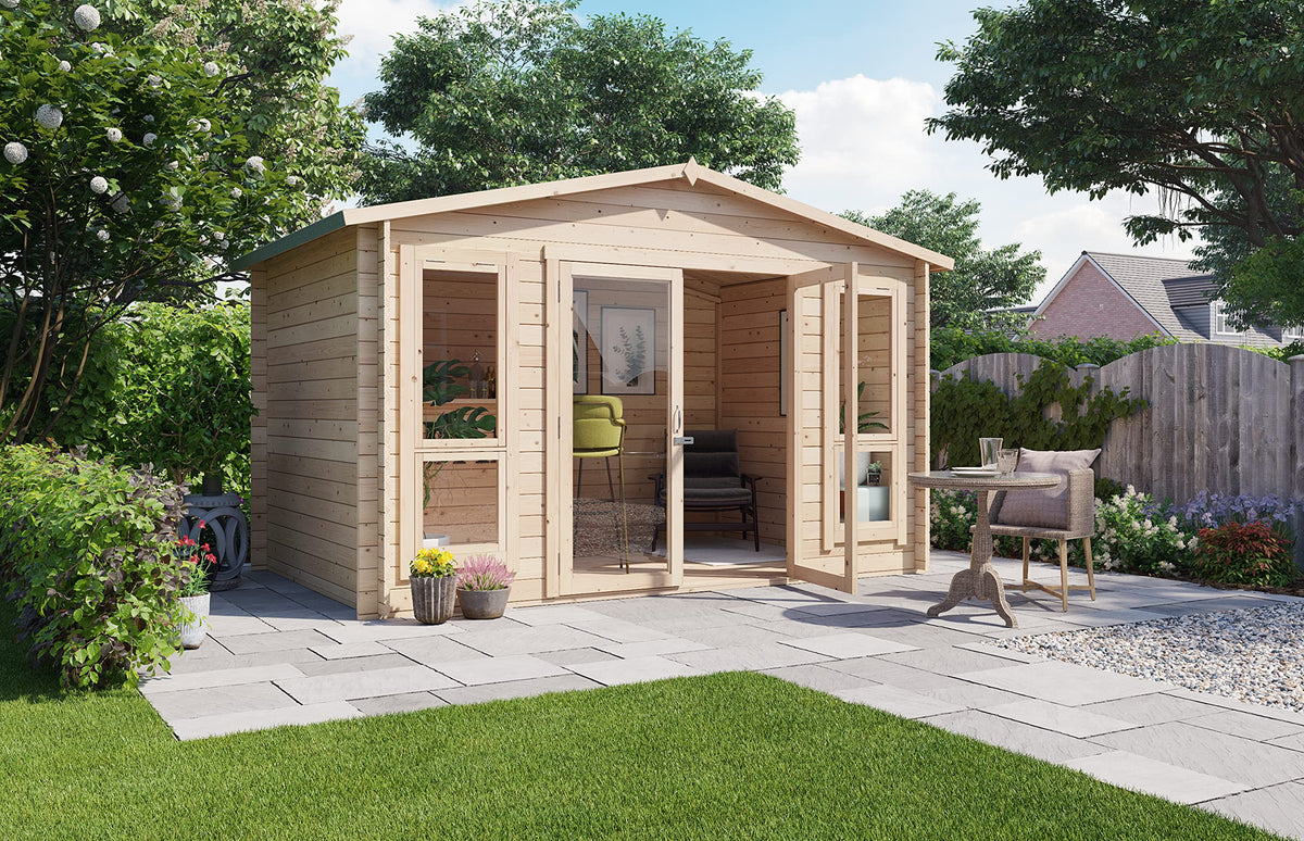 BillyOh Sasha 12 x 8 Log Cabin Summer House Shed – Wooden Garden Room with Apex Roof, Double Doors, Floor, Roof & Felt | Outdoor Office, Home Studio