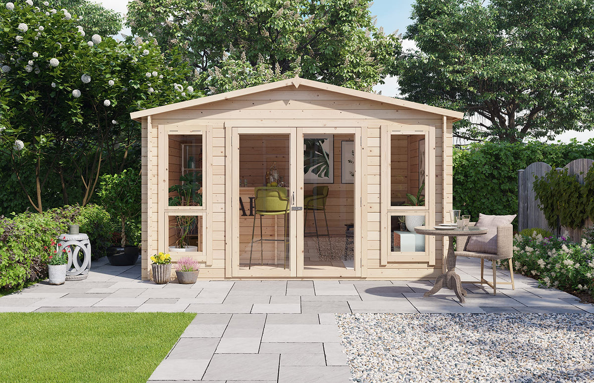 BillyOh Sasha 12 x 8 Log Cabin Summer House Shed – Wooden Garden Room with Apex Roof, Double Doors, Floor, Roof & Felt | Outdoor Office, Home Studio
