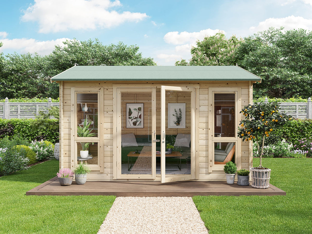 BillyOh Darcy 12x10 Log Cabin Summer House Shed with 19mm Wall Logs Thickness, Modern Apex Roof, Pressure Treated Wood & Shatterproof Windows