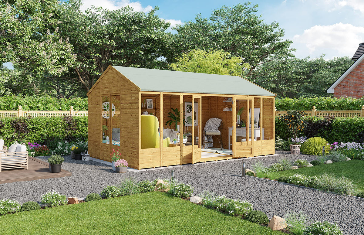 BillyOh Petra 16x10 Reverse Apex Summer House Shed, Log Cabin | Wooden Garden Room with Wide Double Doors, Tear Resistant Felt, Tongue and Groove