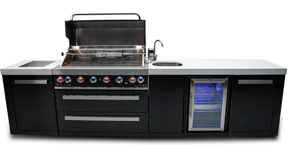 Mont Alpi 805 Black Stainless Steel Island with Beverage Center 6-Burner Grill 2 Infrared Burners Sink Fridge