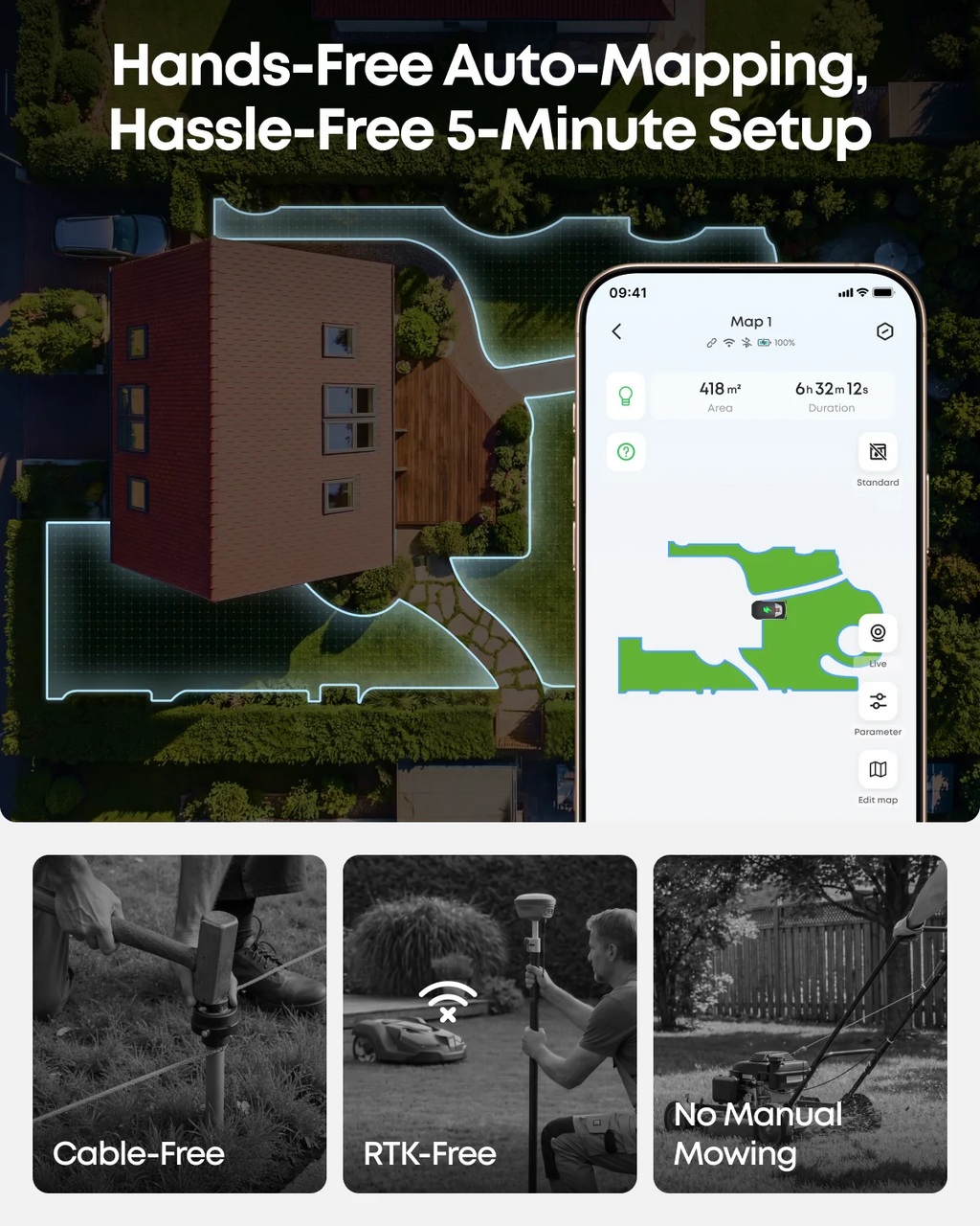 Wire-Free Robotic Lawn Mower for Gardens Up to 500m2 with AI Vision Navigation & 3D Obstacle Avoidance